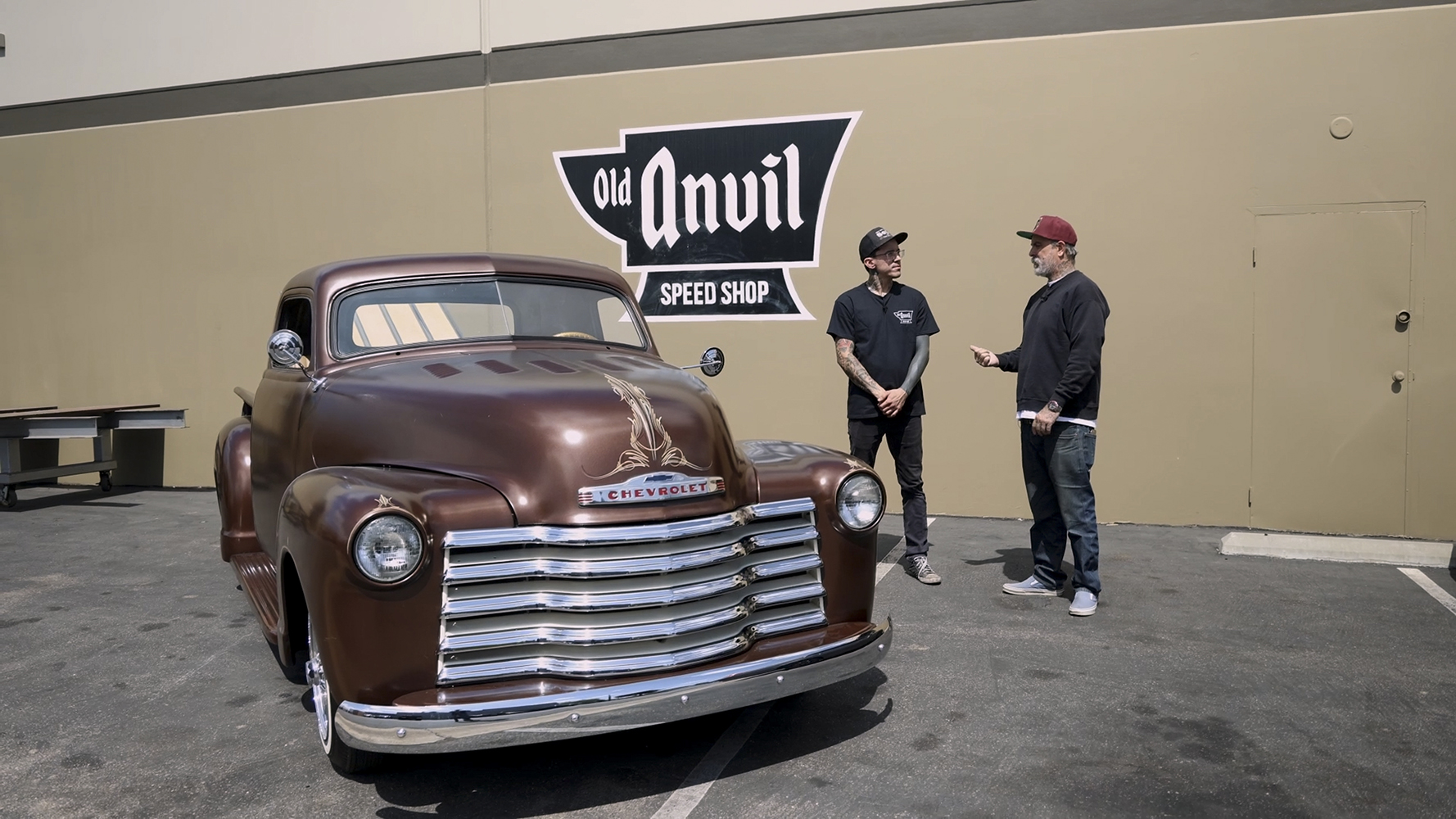 27 Custom 1948 Chevrolet truck outside Old Anvil Speed Shop after installation