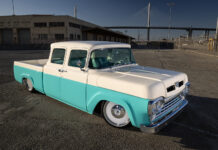 01 1960 Ford F 100 crew cab with a custom two tone turquoise and white paint job