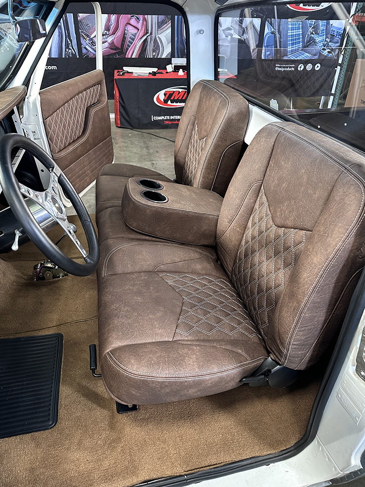 01 Newly installed brown leather TMI seats with diamond stitching inside C10 cab