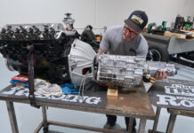 01 Technician aligns TREMEC transmission to V8 engine with bellhousing adapter