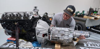 01 Technician aligns TREMEC transmission to V8 engine with bellhousing adapter