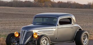 02 1935 Chevy Coupe custom grille exposed front suspension polished wheels Hoosier tires 1