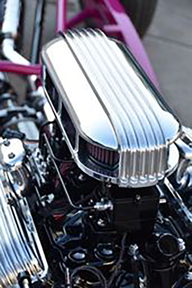 02 Close up of the polished finned air intake atop the V8 engine in the 1932 Ford Roadster chassis