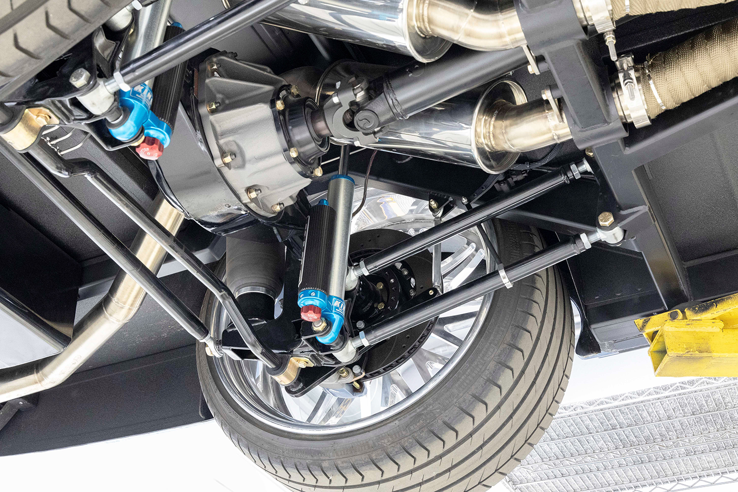 02 Underbody view of a custom four link rear suspension with coilovers and a Ford 9 inch differential