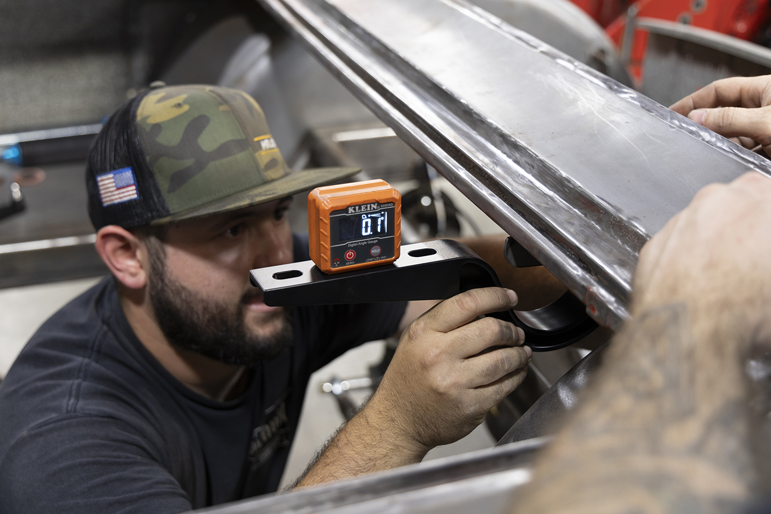 03 Digital angle gauge used for hinge alignment on a 1962 Chevy Impala