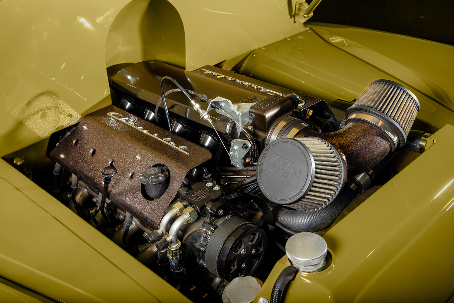 04 1952 Chevrolet 3100 engine bay featuring a high performance Chevrolet engine with custom air intake and K&N filters
