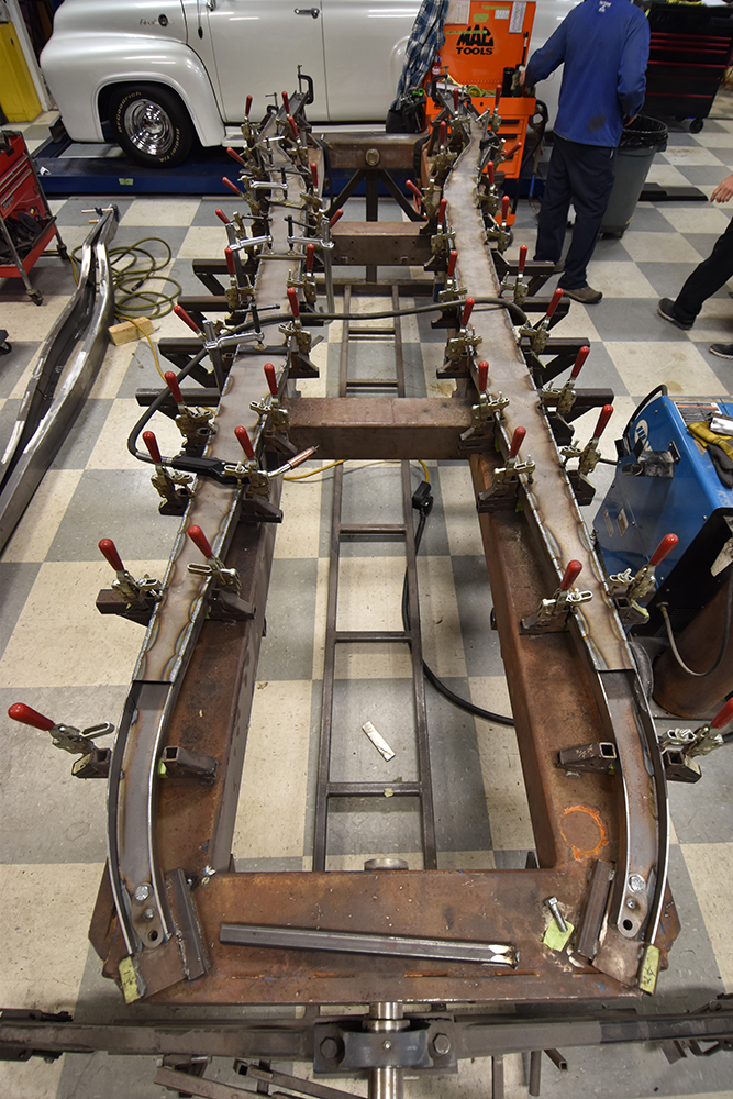 04 Frame rails clamped for precise welding during the custom 1932 Ford Roadster chassis fabrication