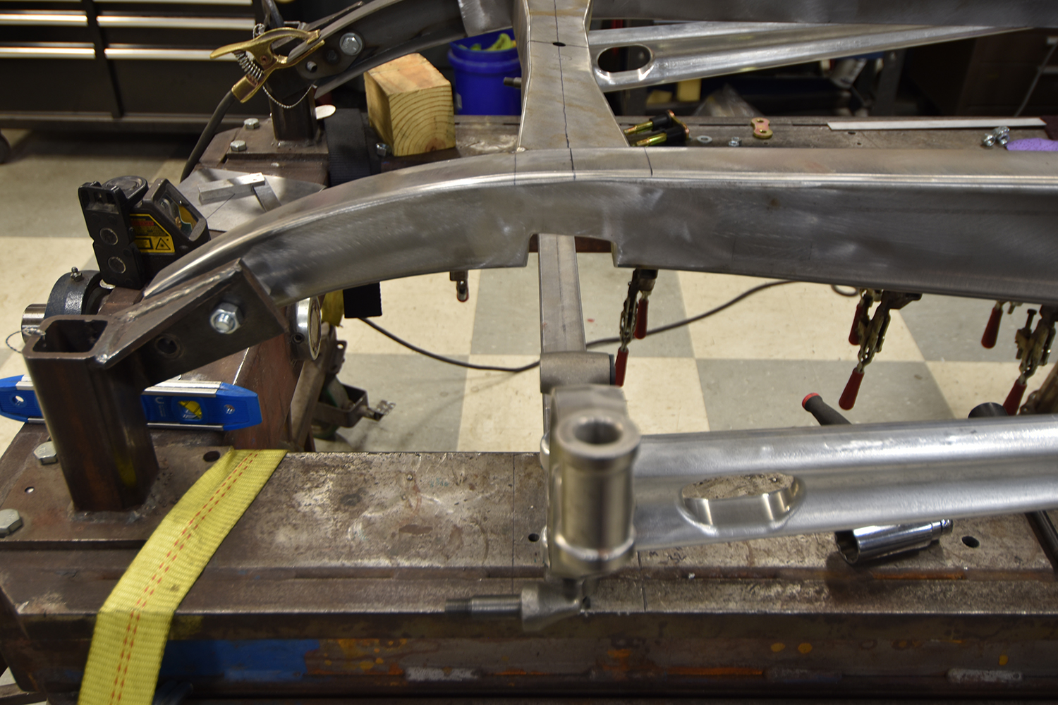 05 Close up of the 1932 Ford Roadster chassis showing custom boxing plates and reinforced suspension mounts