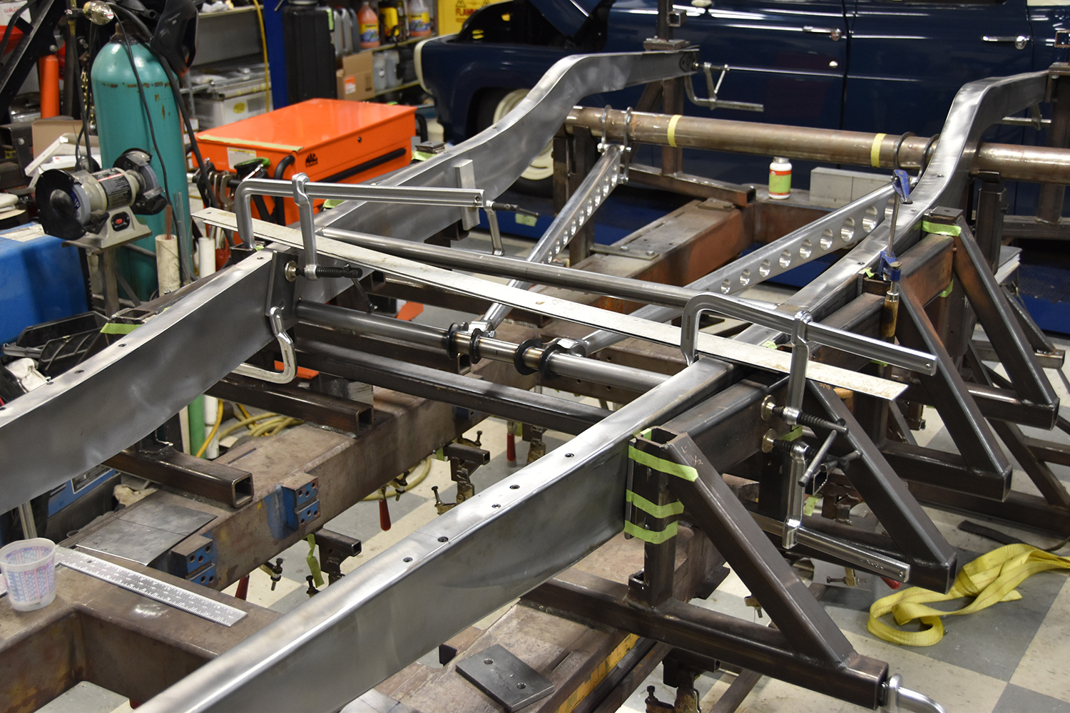 06 Custom crossmember and bracing being welded into the 1932 Ford Roadster chassis for added rigidity