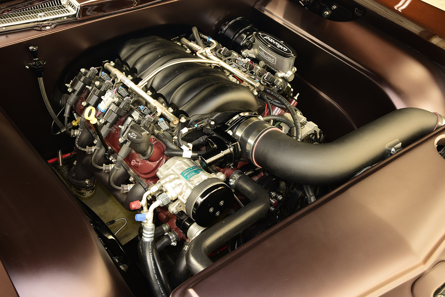 08 1963 Buick Riviera LS swap engine bay with Wilwood components and custom fabricated panels