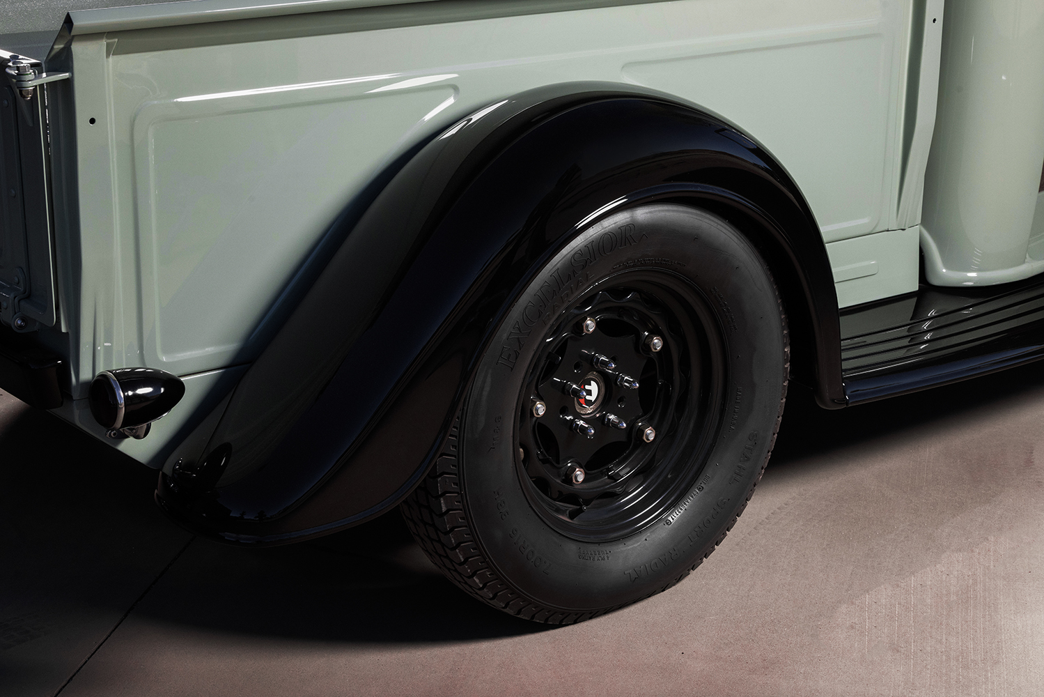 09 1936 Ford pickup rear fender Excelsior tires black steel wheels vintage style