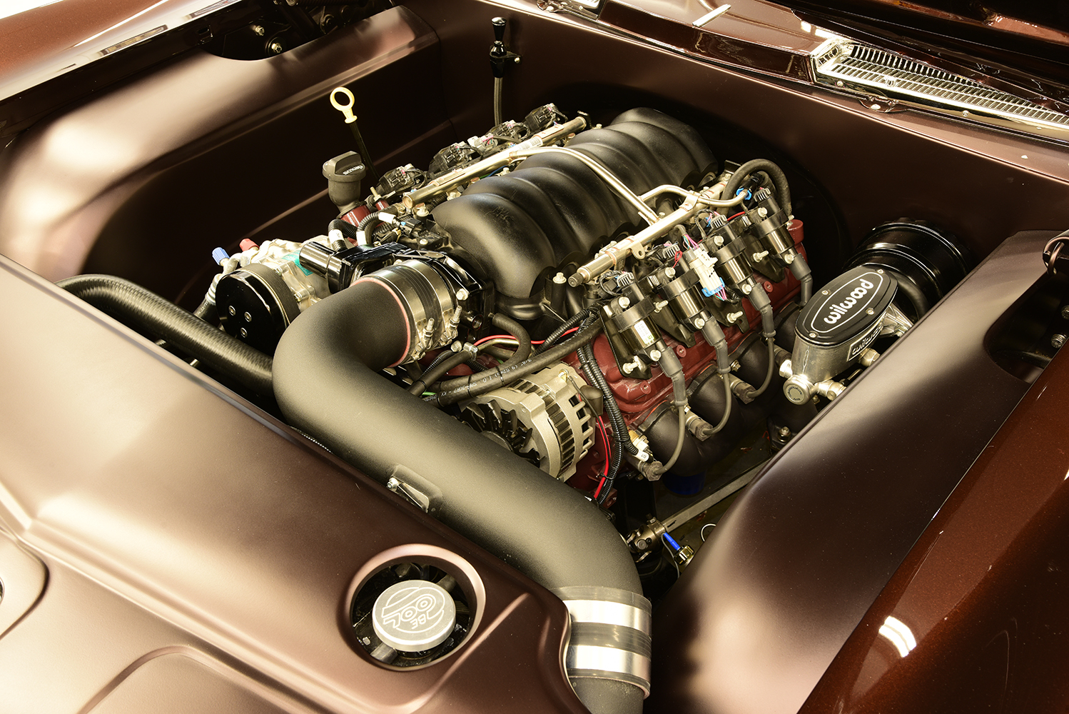 11 1963 Buick Riviera LS engine swap with a smoothed bay black intake and Wilwood master cylinder