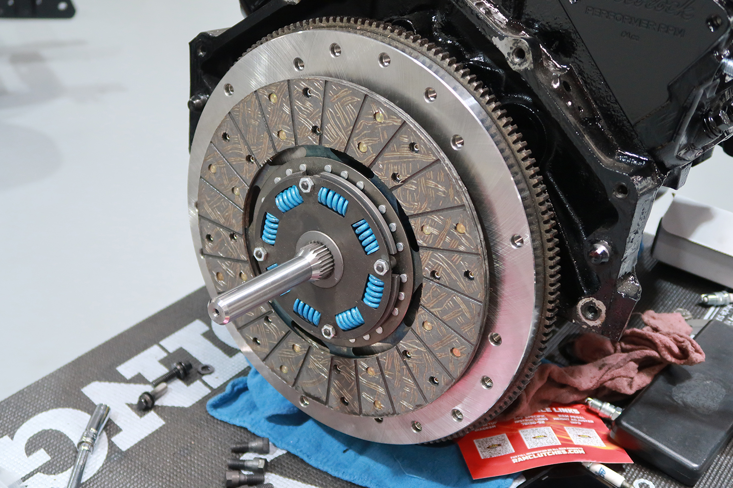 12 Clutch disc aligned on billet flywheel using an input shaft tool