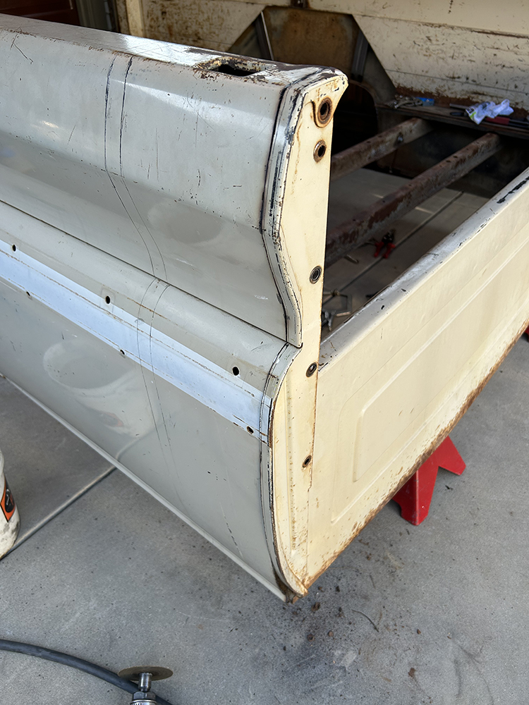 12 The truck bed side panel prepped and placed on jack stands for repair