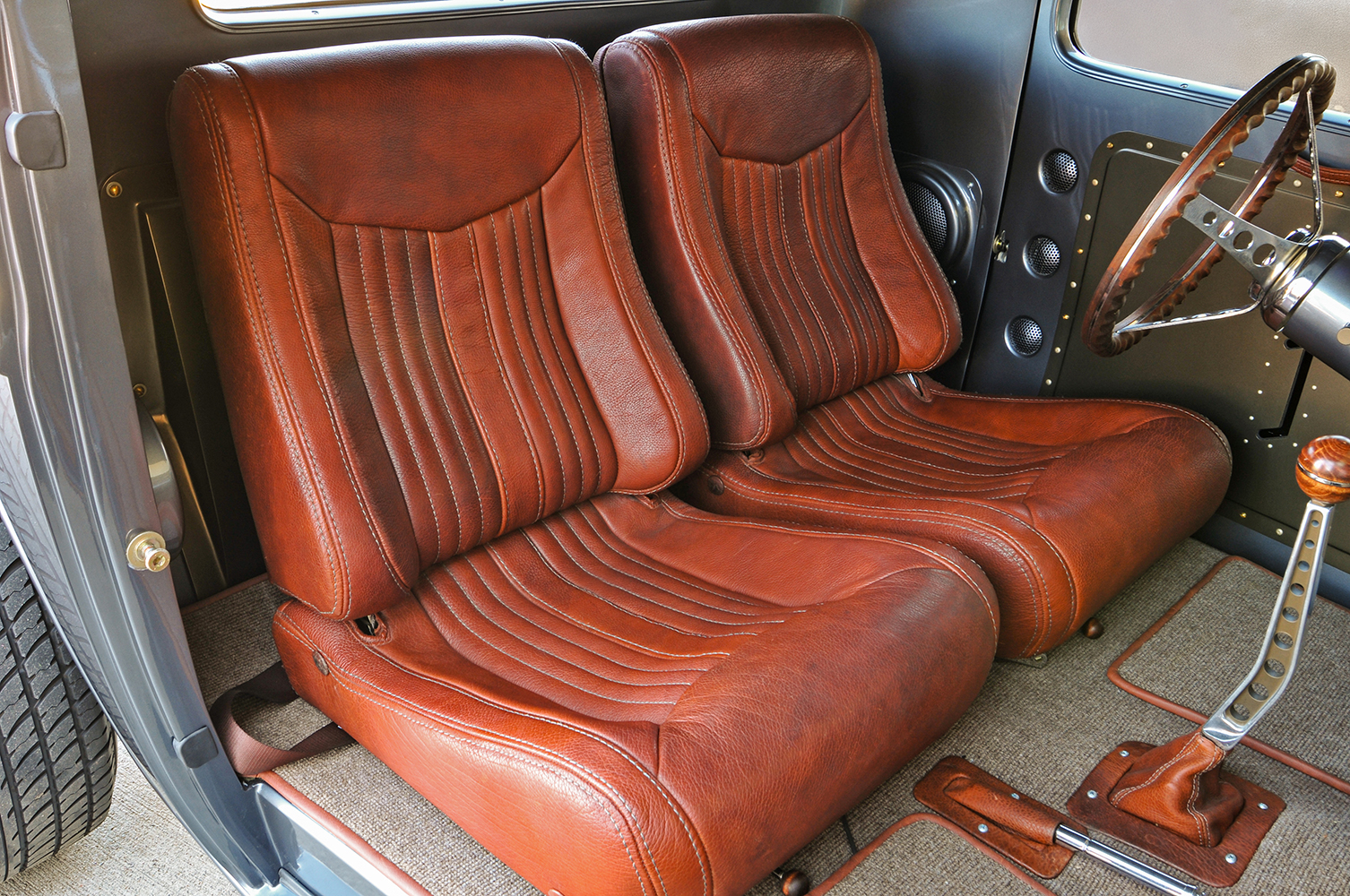 13 1935 Chevy Coupe hot rod bucket seats distressed leather bolstered design vintage race style