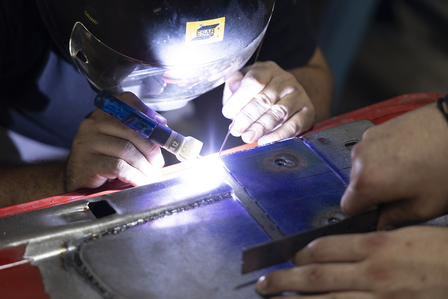 13 TIG welding in progress on a custom panel for a 1962 Chevy Impala