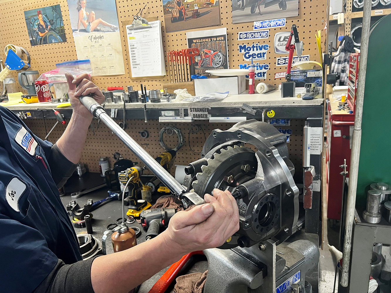 17 Torquing the bearing caps to spec during final assembly of a Ford 9 inch differential