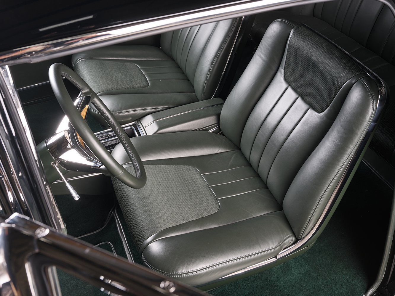 18 1957 Pontiac Safari wagon rear seat green leather custom stitching seamless upholstery design