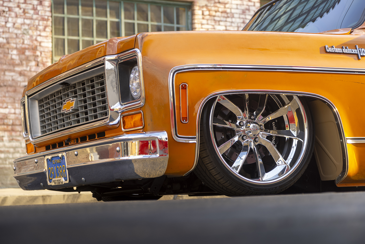 19 Close up front grille and chrome bumper 1973 Chevy C10