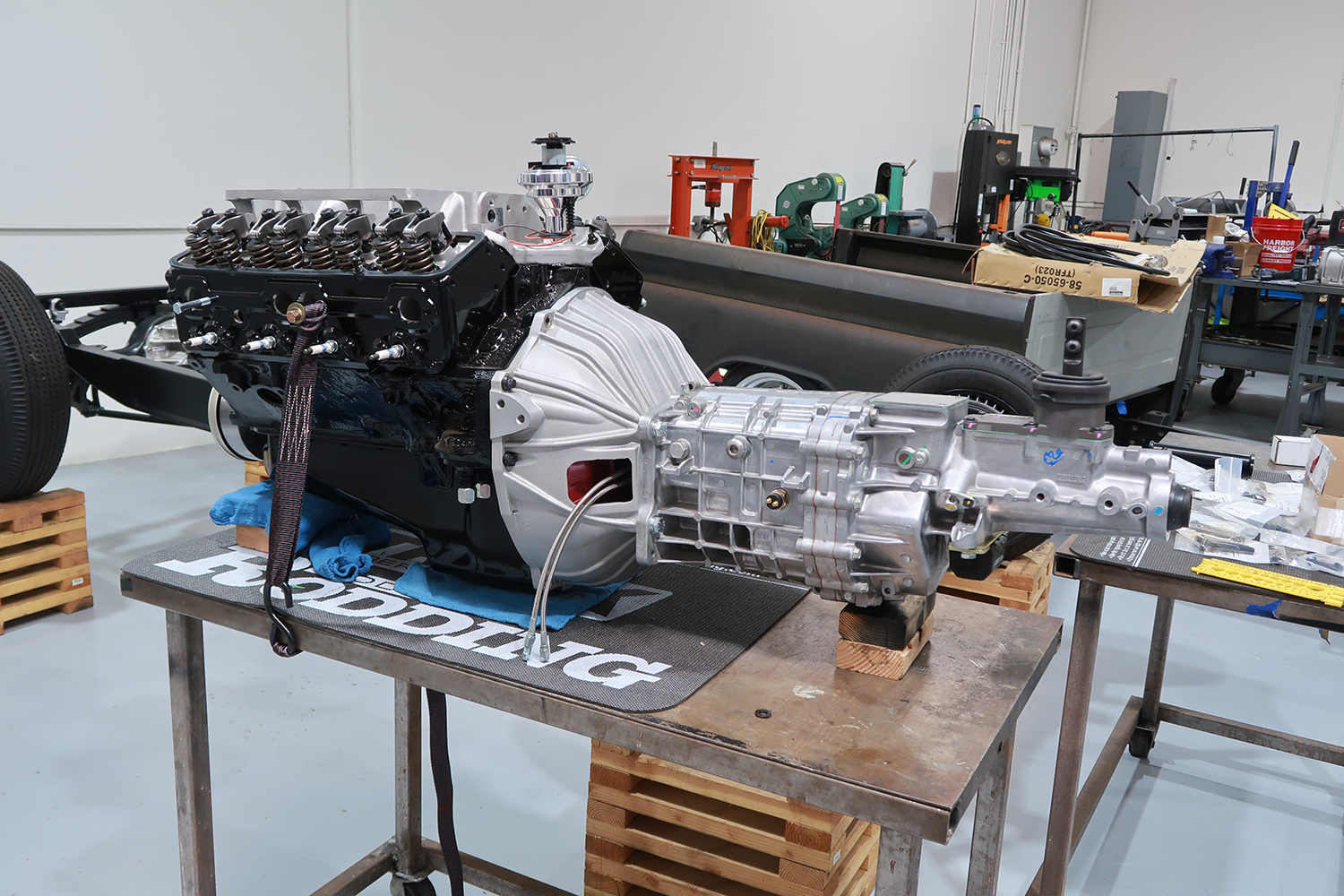 21 Tremec manual transmission bolted to small block engine for a performance drivetrain setup