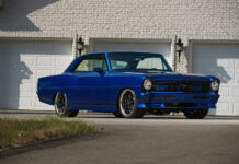 001 1966 Chevy Nova Pro Touring build with custom blue paint and aggressive stance