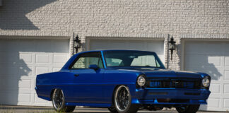 001 1966 Chevy Nova Pro Touring build with custom blue paint and aggressive stance