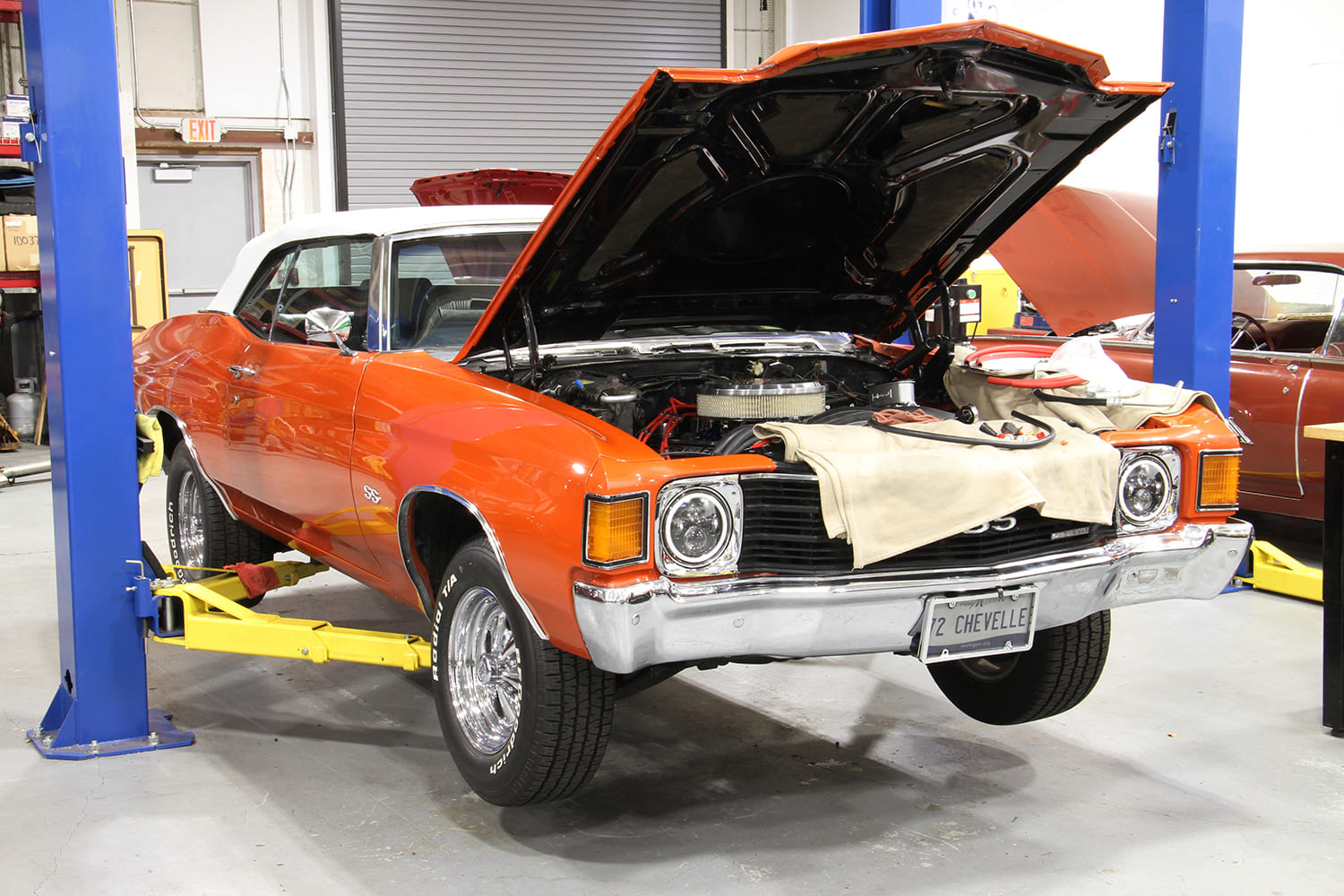 001 1972 Chevrolet Chevelle SS convertible on a lift for restoration