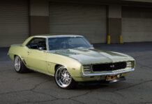 002 1969 Chevrolet Camaro SS front three quarter view with black grille and aggressive stance