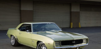 002 1969 Chevrolet Camaro SS front three quarter view with black grille and aggressive stance