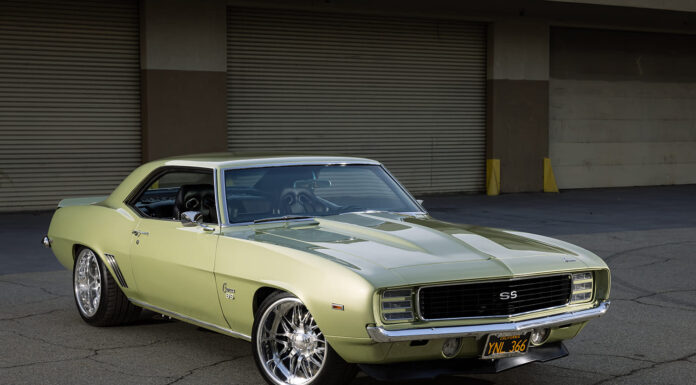 002 1969 Chevrolet Camaro SS front three quarter view with black grille and aggressive stance