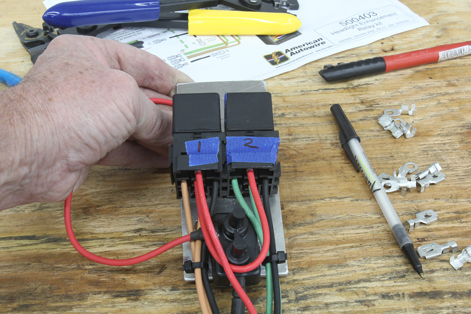 002 American Autowire headlight relay assembly with labeled relays for installation
