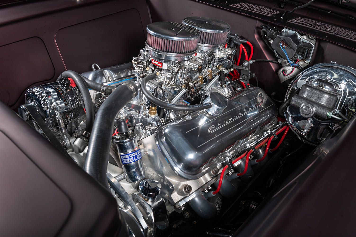 008 1972 Monte Carlo close up Edelbrock carbs polished intake custom engine bay