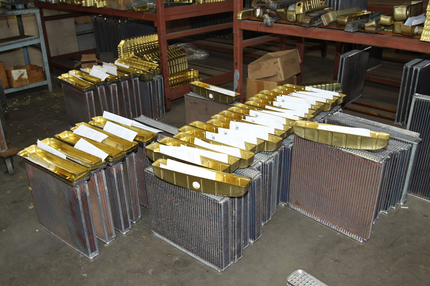 008 Stacked radiators with brass tanks prepared for final assembly