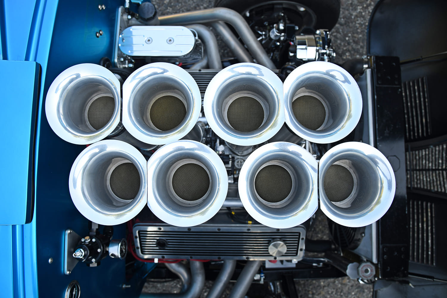 009 1939 Chevy Gasser engine bay featuring a fuel injected big block
