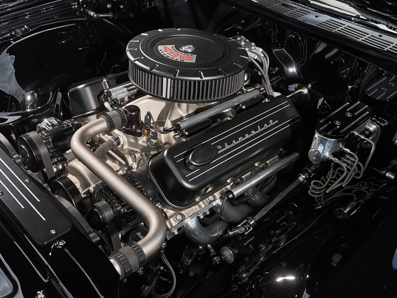 009 1971 Chevrolet Chevelle SS engine bay with a Tennessee Stomper 496 big block V8