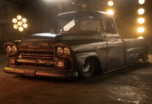 01 1959 Chevy Apache laid out on air suspension with moody lighting and patina finish