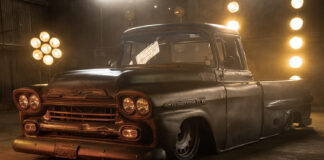01 1959 Chevy Apache laid out on air suspension with moody lighting and patina finish