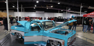 01 1976 Chevrolet C10 with turquoise and white two tone paint Billet Specialties wheels and a Whipple supercharged LS engine