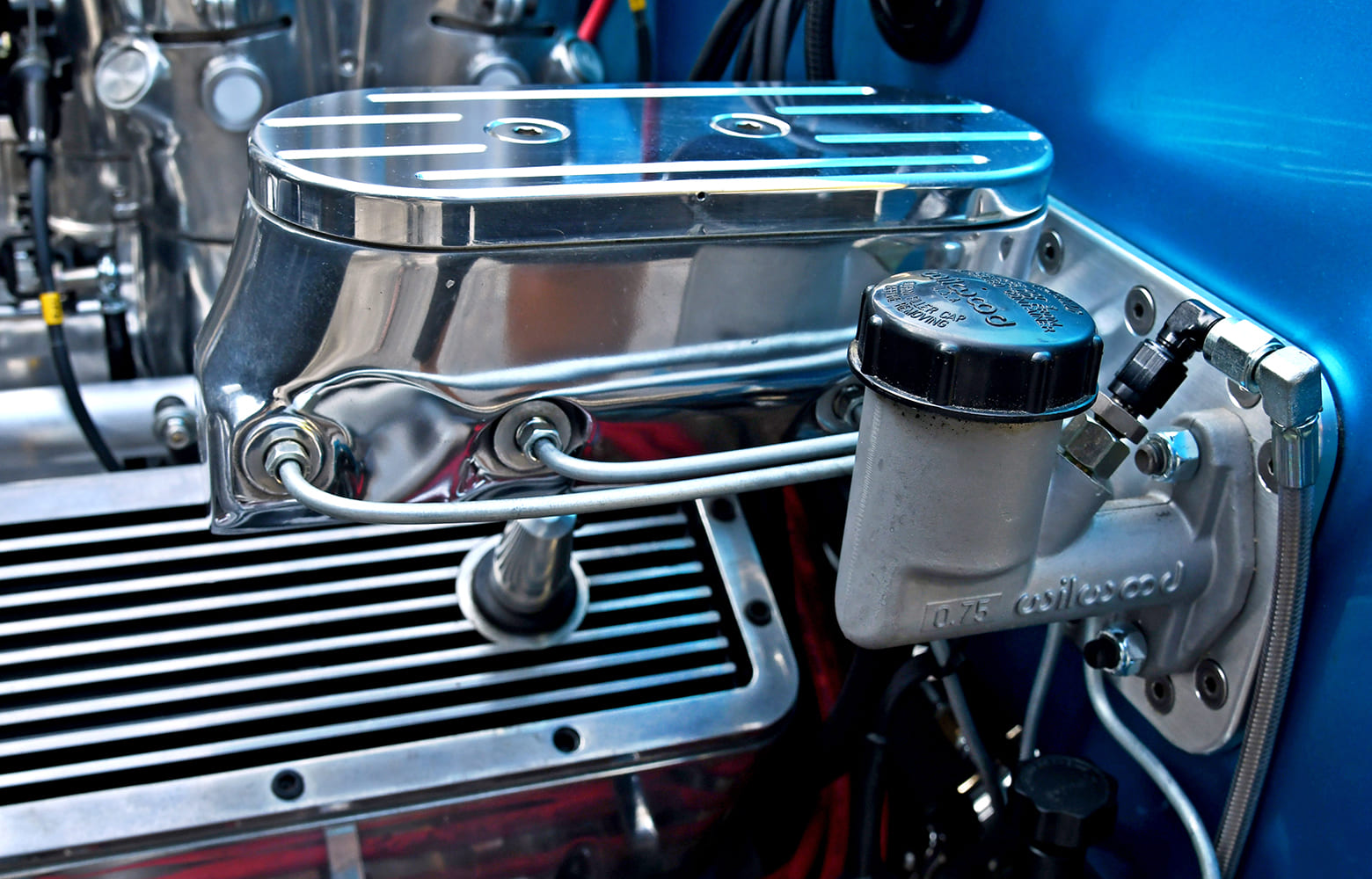 011 1939 Chevy Gasser Wilwood master cylinder with polished valve covers and braided brake lines