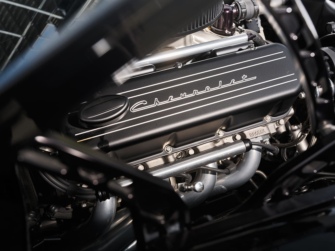 011 1971 Chevrolet Chevelle SS engine bay with black Chevrolet valve covers and Brodix aluminum heads