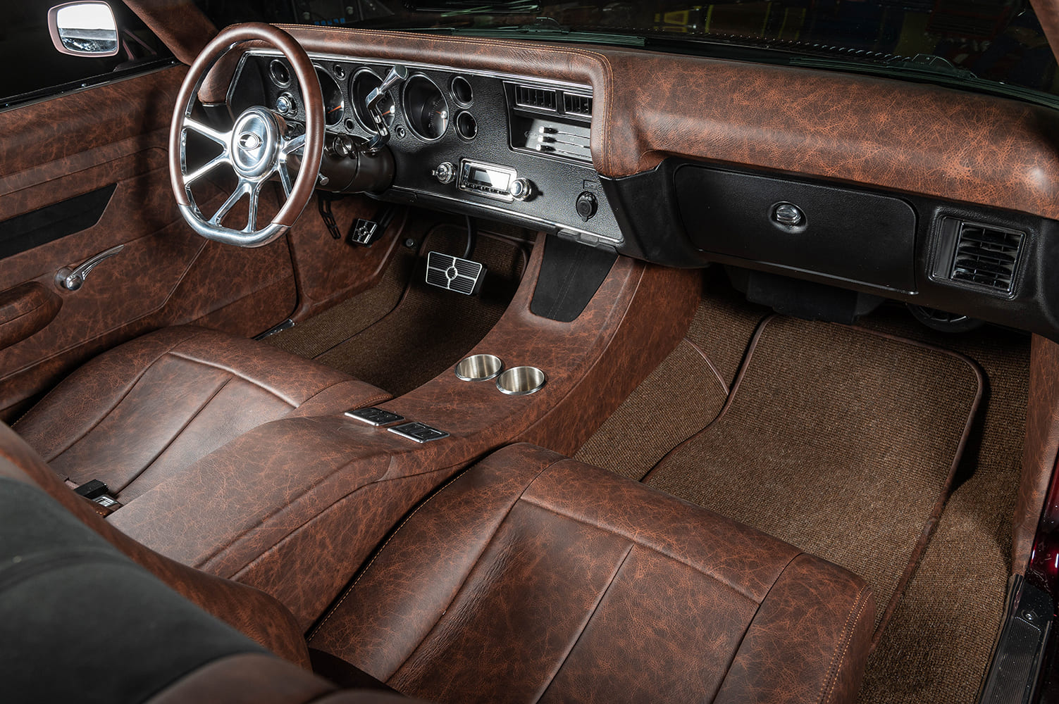 011 1972 Chevrolet Monte Carlo custom brown leather interior full length console billet steering wheel