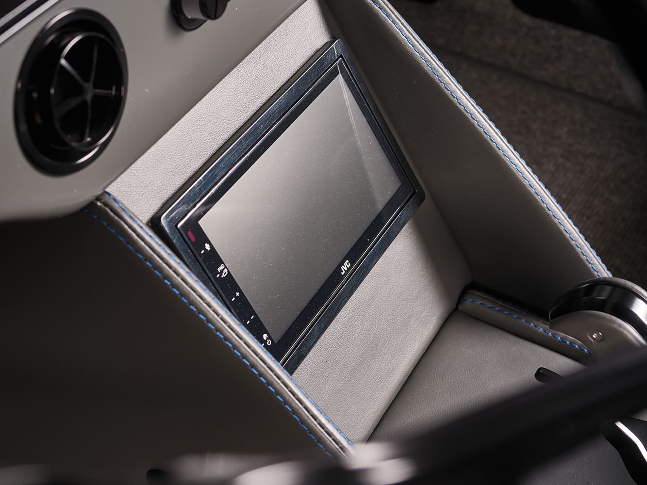 012 1966 Chevrolet Nova touchscreen JVC infotainment system integrated into a custom center console