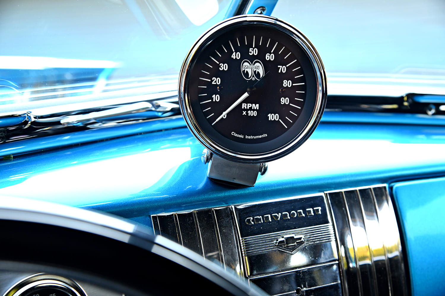 014 1939 Chevrolet Gasser Moon tachometer mounted on the dash for classic race styling