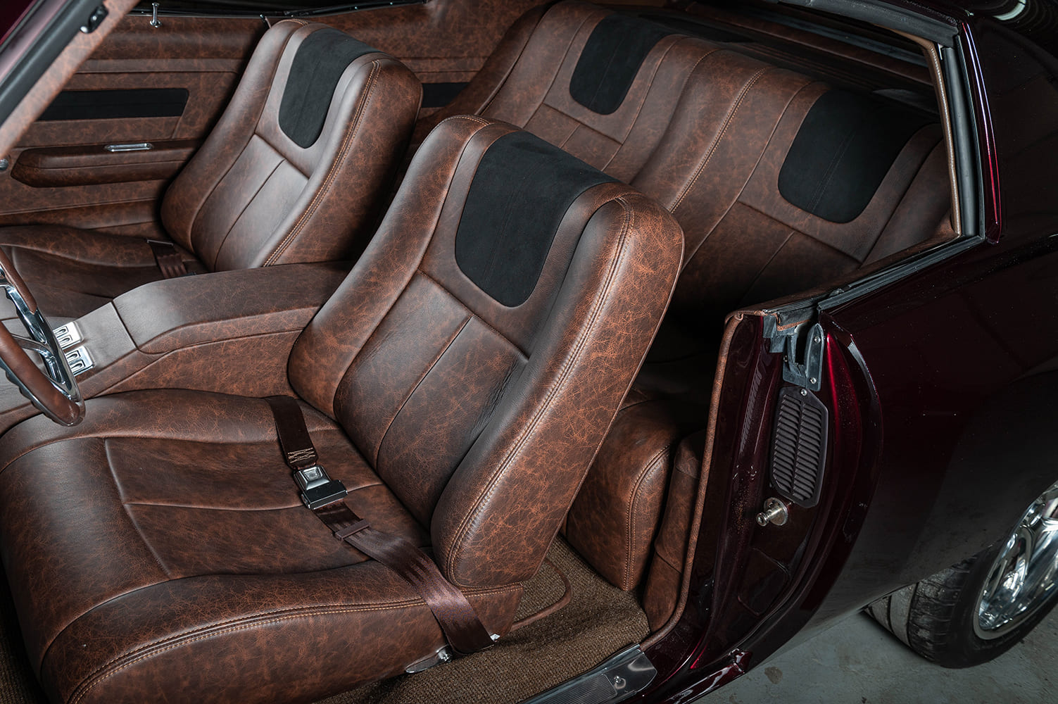 014 1972 Chevrolet Monte Carlo custom bucket seats brown leather suede inserts pro touring style