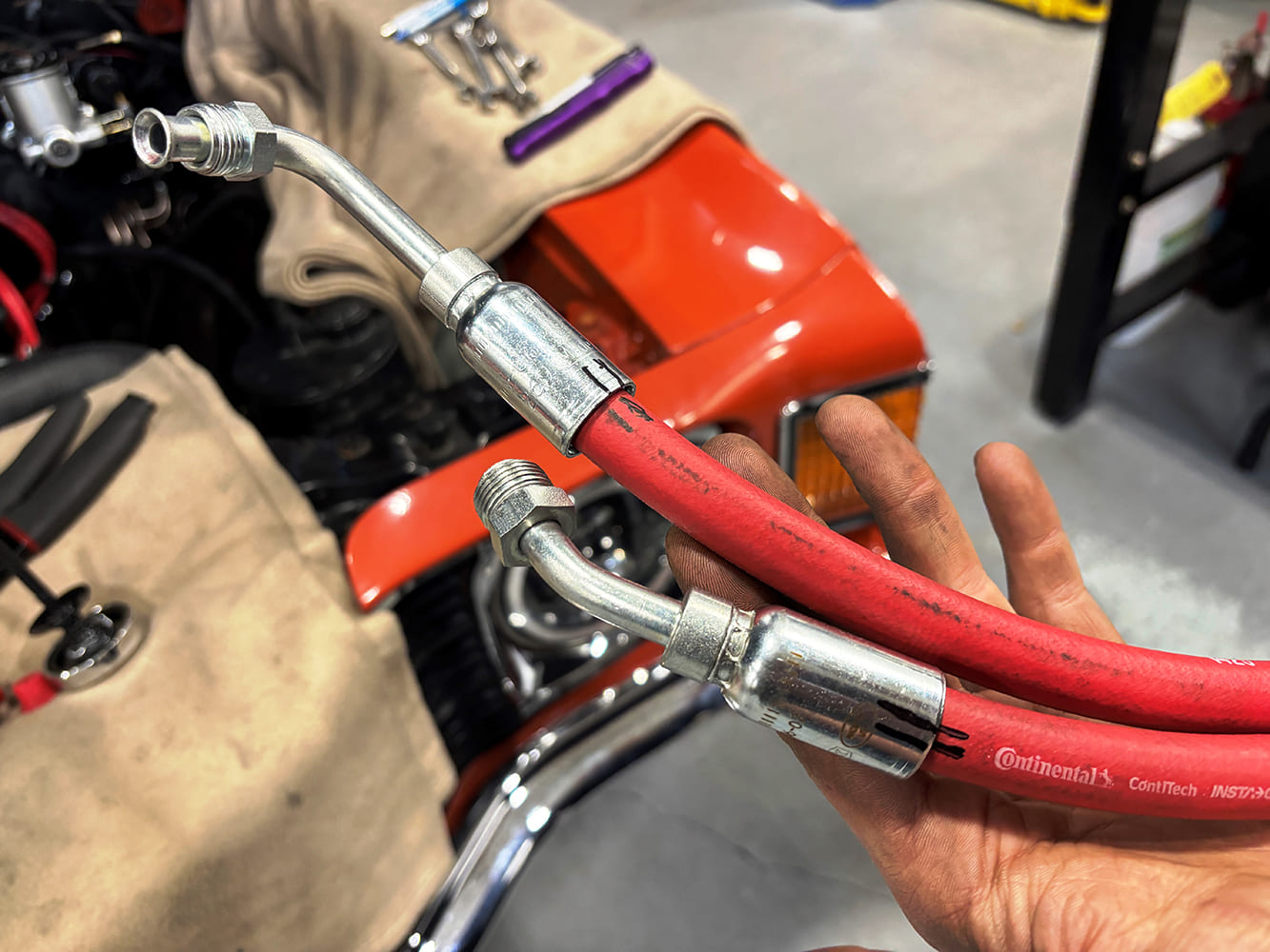 017 Close up of Continental power steering hoses with factory style fittings