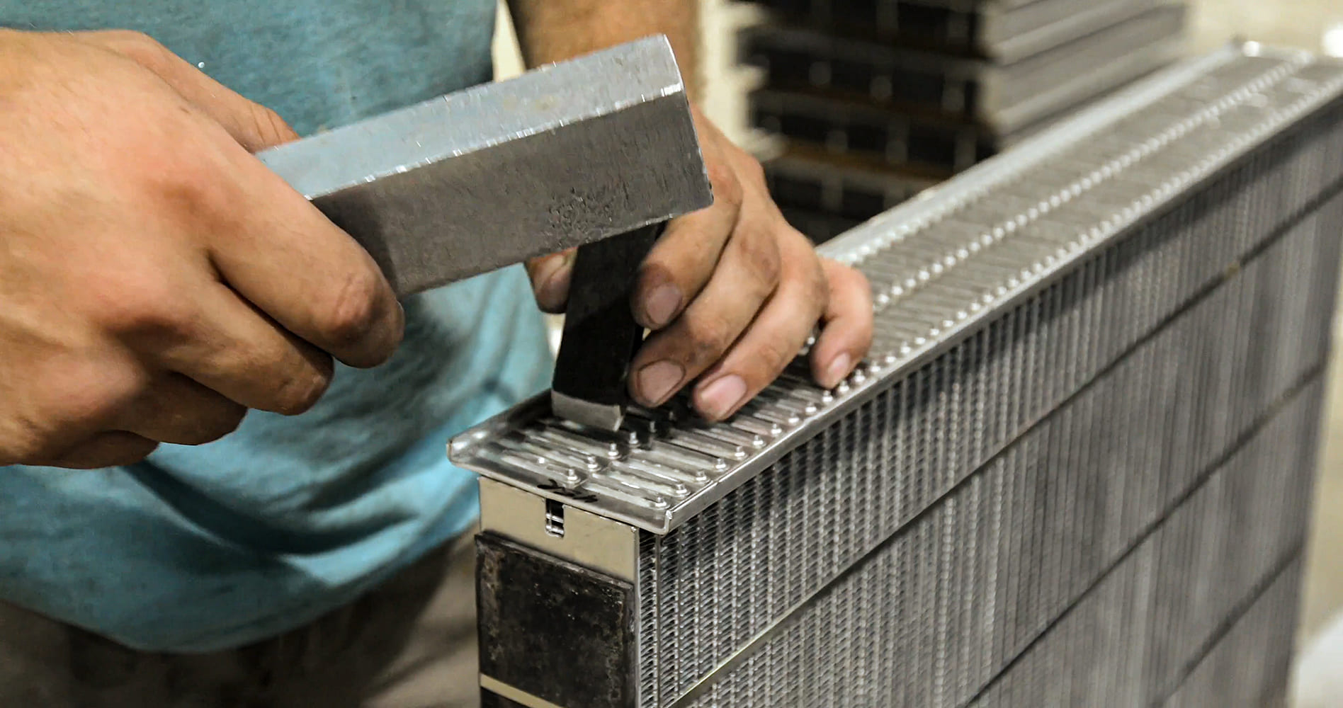 018 Close up of aluminum radiator core construction with extruded cooling tubes