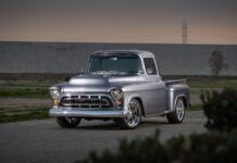 02 1957 Chevy truck Restomod with smoothed bodylines and custom chrome front grille
