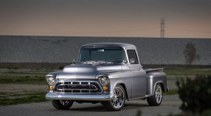 02 1957 Chevy truck Restomod with smoothed bodylines and custom chrome front grille
