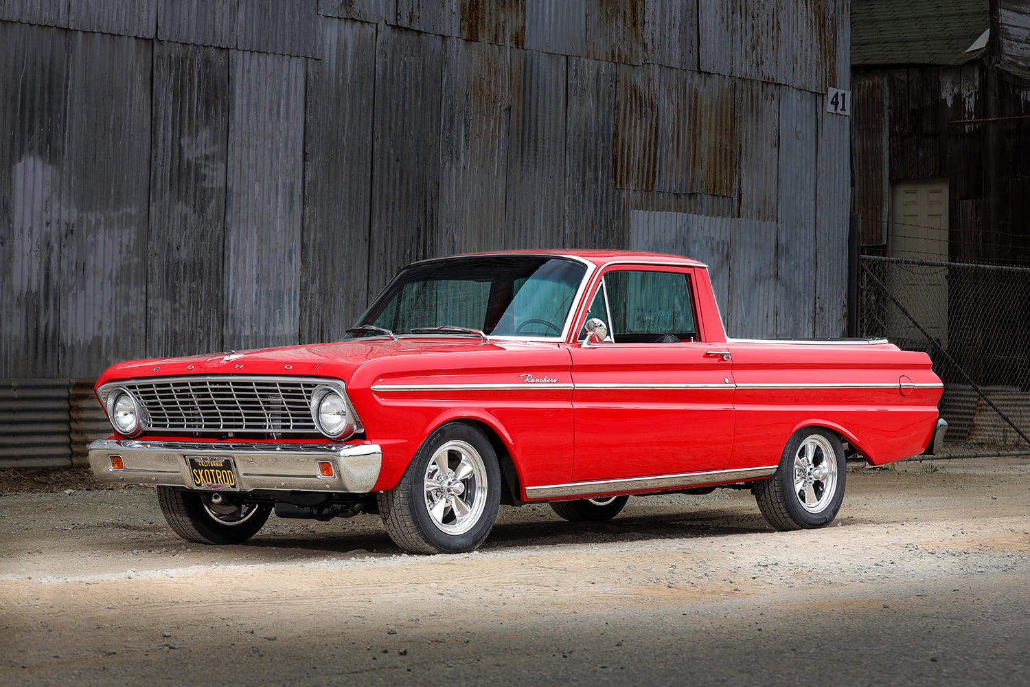 02 1965 Ranchero front angle classic grille lowered stance five spoke wheels