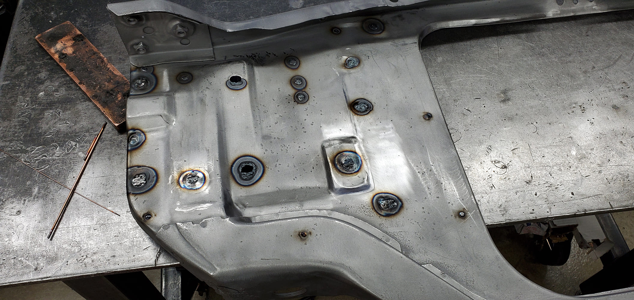 02 1969 Camaro firewall fabrication bare metal smoothing weld prep